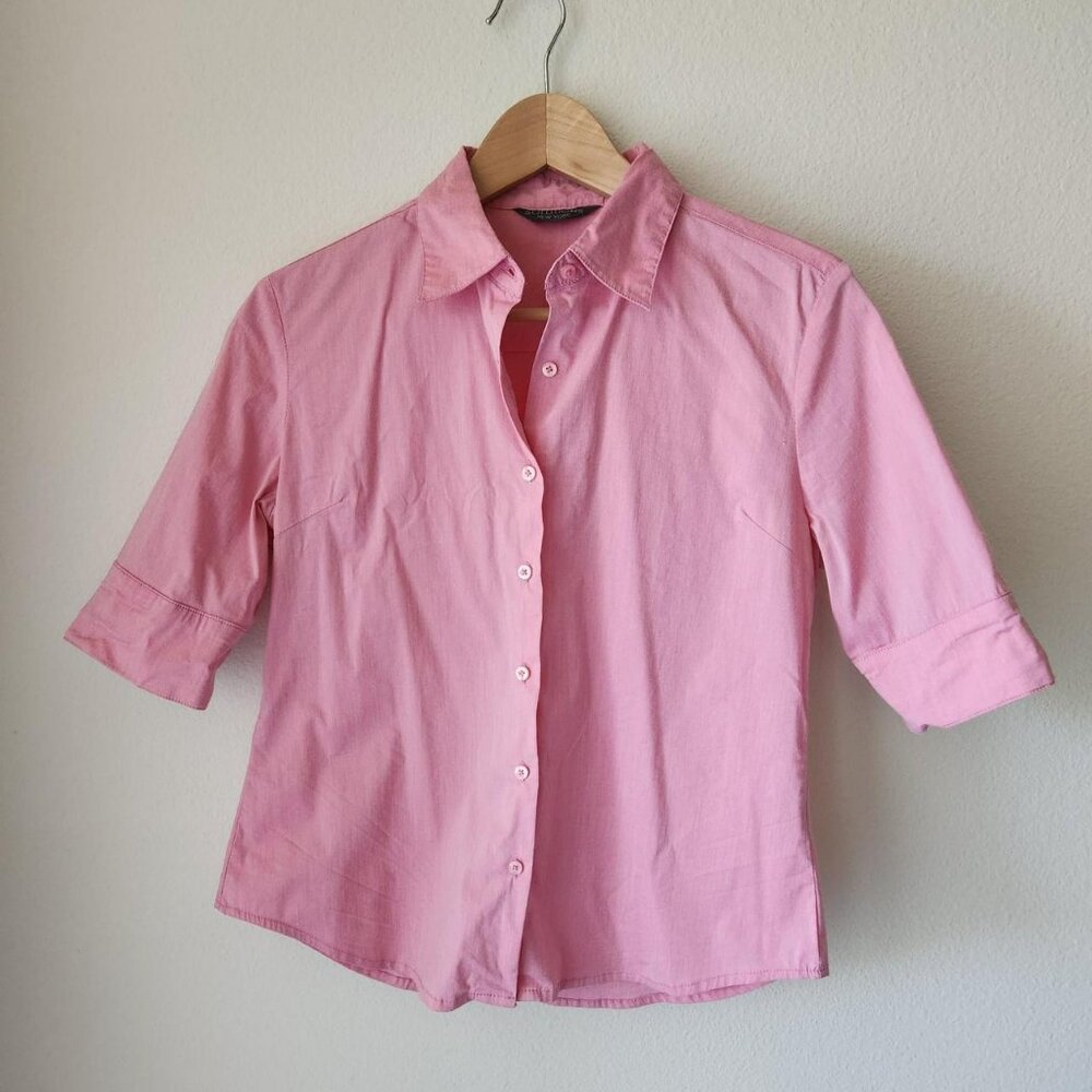 SOLUTIONS NEW YORK Pink button up shirt short sleeves Sz S/M preppy minimalist